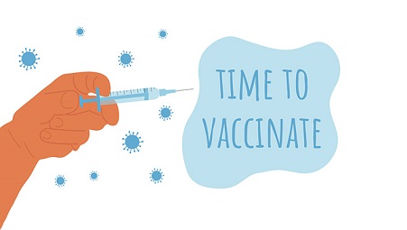 Illustration of a hand holding a needle injecting a bubble with the words time to vaccinate in
